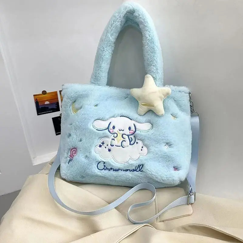 Bolsa de Pelúcia Kawaii com Personagens de Desenho — Hello Kitty, Cinnamoroll, Kuromi, My Melody — Bolsa Tiracolo, de Ombro, de Mão, Necessaire Feminina, Presente"