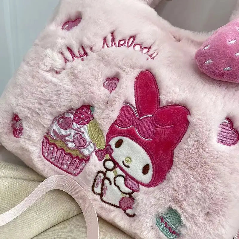 Bolsa de Pelúcia Kawaii com Personagens de Desenho — Hello Kitty, Cinnamoroll, Kuromi, My Melody — Bolsa Tiracolo, de Ombro, de Mão, Necessaire Feminina, Presente"