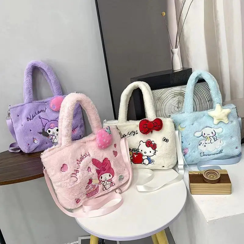 Bolsa de Pelúcia Kawaii com Personagens de Desenho — Hello Kitty, Cinnamoroll, Kuromi, My Melody — Bolsa Tiracolo, de Ombro, de Mão, Necessaire Feminina, Presente"