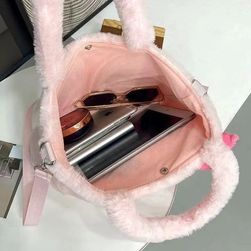 Bolsa de Pelúcia Kawaii com Personagens de Desenho — Hello Kitty, Cinnamoroll, Kuromi, My Melody — Bolsa Tiracolo, de Ombro, de Mão, Necessaire Feminina, Presente"
