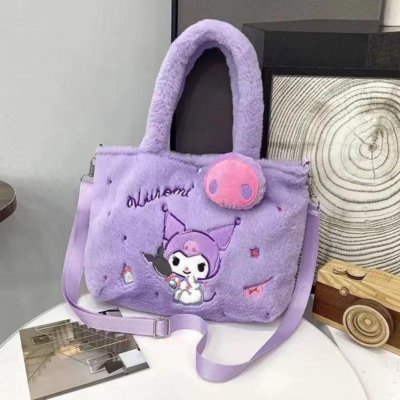 Bolsa de Pelúcia Kawaii com Personagens de Desenho — Hello Kitty, Cinnamoroll, Kuromi, My Melody — Bolsa Tiracolo, de Ombro, de Mão, Necessaire Feminina, Presente"
