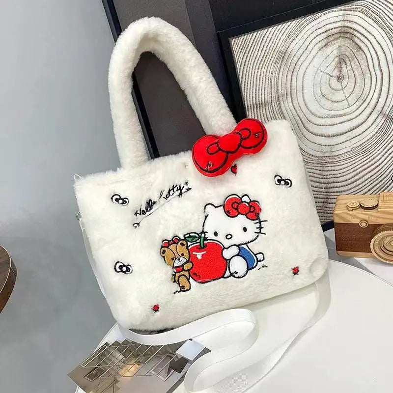 Bolsa de Pelúcia Kawaii com Personagens de Desenho — Hello Kitty, Cinnamoroll, Kuromi, My Melody — Bolsa Tiracolo, de Ombro, de Mão, Necessaire Feminina, Presente"