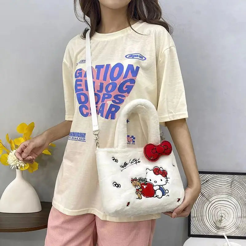 Bolsa de Pelúcia Kawaii com Personagens de Desenho — Hello Kitty, Cinnamoroll, Kuromi, My Melody — Bolsa Tiracolo, de Ombro, de Mão, Necessaire Feminina, Presente"