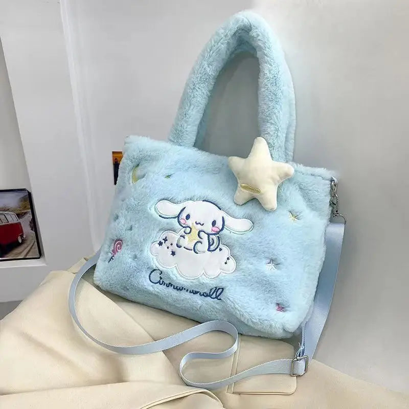 Bolsa de Pelúcia Kawaii com Personagens de Desenho — Hello Kitty, Cinnamoroll, Kuromi, My Melody — Bolsa Tiracolo, de Ombro, de Mão, Necessaire Feminina, Presente"