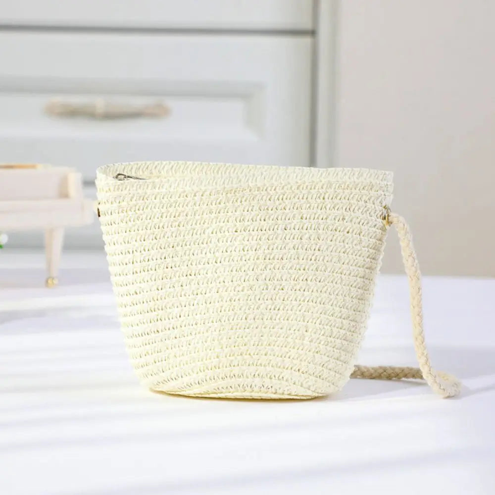 Girl Zipper Flower Straw Bag Cute Photo Props Handmade Woven Kid Messenger Bags Storage Basket Coin Purse Crossbody Handbag