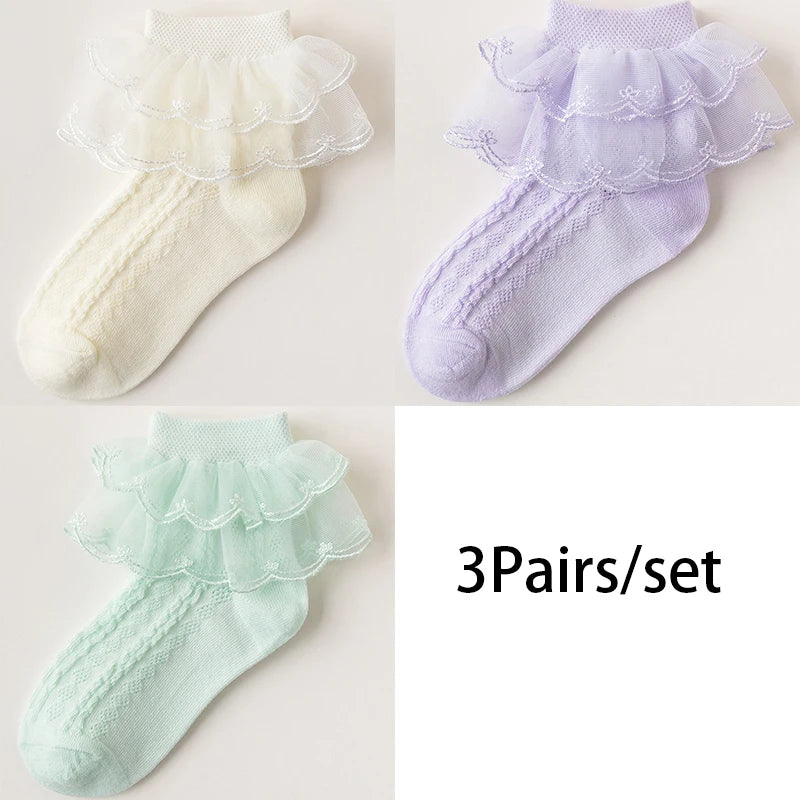 3Pairs/set Kids Socks For Girls Princess Lace White Pink Children's Sock Cotton Soft Teenagers Socks Summer Spring Autumn 1-15Y
