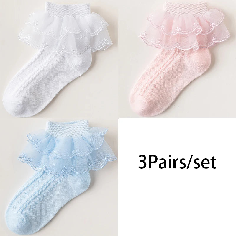 3Pairs/set Kids Socks For Girls Princess Lace White Pink Children's Sock Cotton Soft Teenagers Socks Summer Spring Autumn 1-15Y
